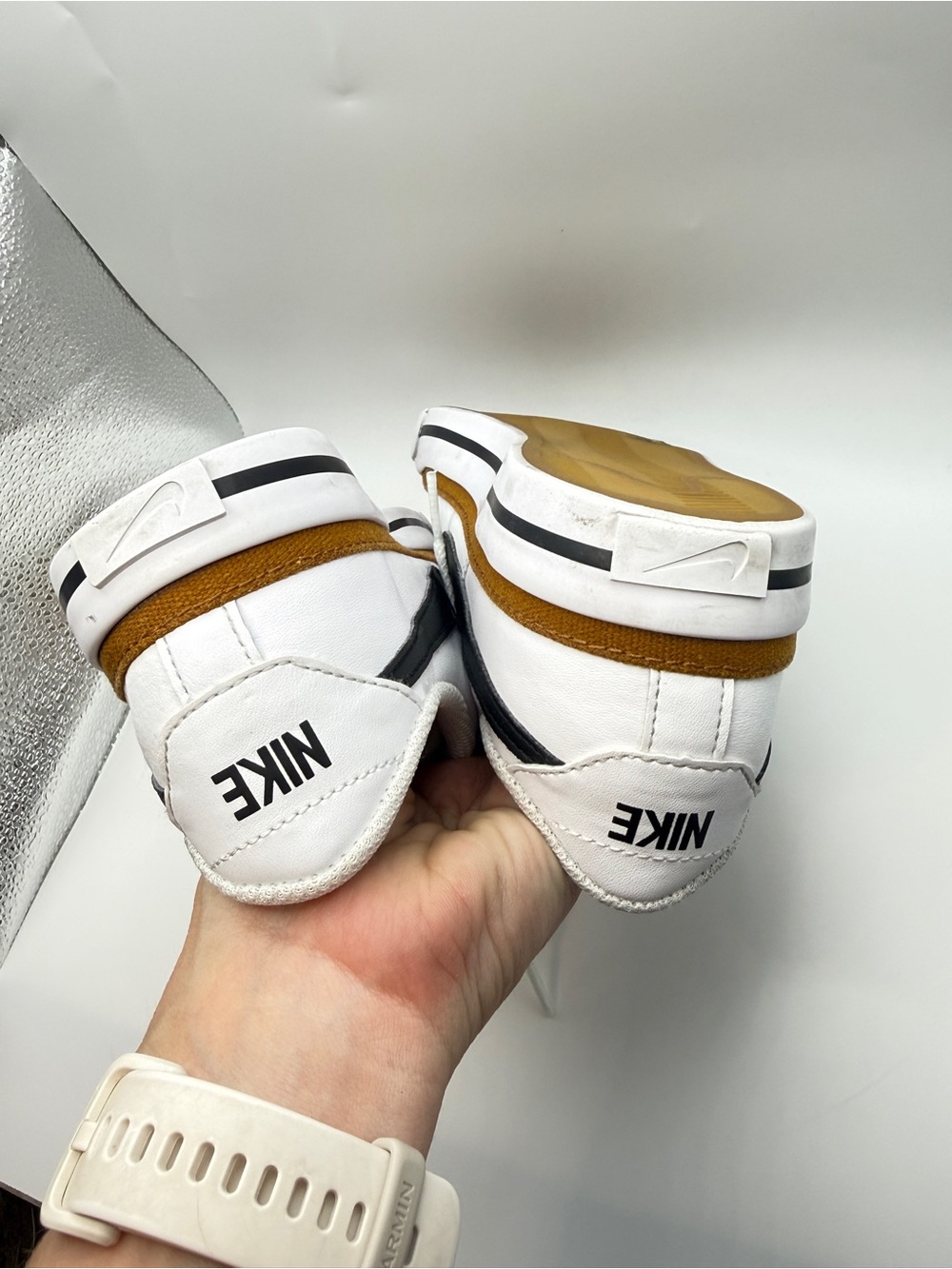 Nike court White Sneakers with Black Swoosh and Brown Trim - Picture 5 of 7